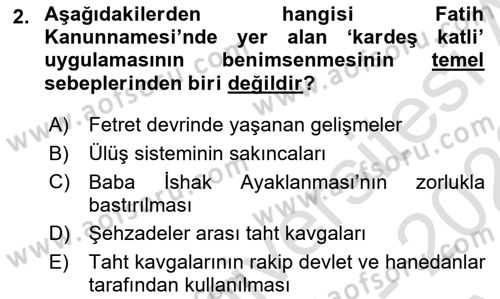 Osmanlı Merkez ve Taşra Teşkilatı Dersi 2022 - 2023 Yılı (Vize) Ara Sınavı 2. Soru