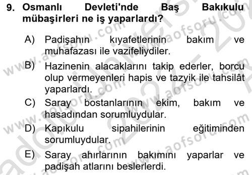 Osmanlı Merkez ve Taşra Teşkilatı Dersi 2022 - 2023 Yılı (Vize) Ara Sınavı 9. Soru