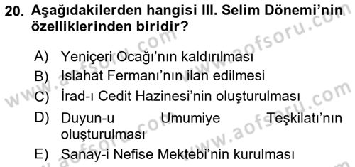 Osmanlı Merkez ve Taşra Teşkilatı Dersi 2022 - 2023 Yılı Yaz Okulu Sınavı 20. Soru