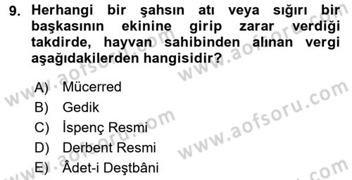 Osmanlı Merkez ve Taşra Teşkilatı Dersi 2022 - 2023 Yılı Yaz Okulu Sınavı 9. Soru