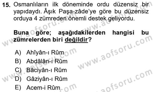 Osmanlı Merkez ve Taşra Teşkilatı Dersi 2023 - 2024 Yılı (Vize) Ara Sınavı 15. Soru