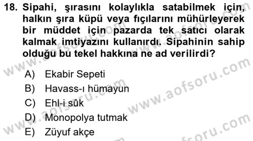 Osmanlı Merkez ve Taşra Teşkilatı Dersi Ara Sınavı Deneme Sınav Soruları 18. Soru