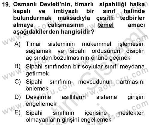 Osmanlı Merkez ve Taşra Teşkilatı Dersi Ara Sınavı Deneme Sınav Soruları 19. Soru