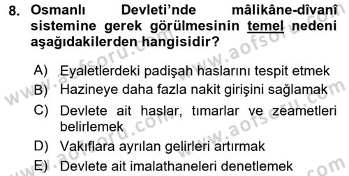Osmanlı Merkez ve Taşra Teşkilatı Dersi 2023 - 2024 Yılı (Vize) Ara Sınav Soruları 8. Soru