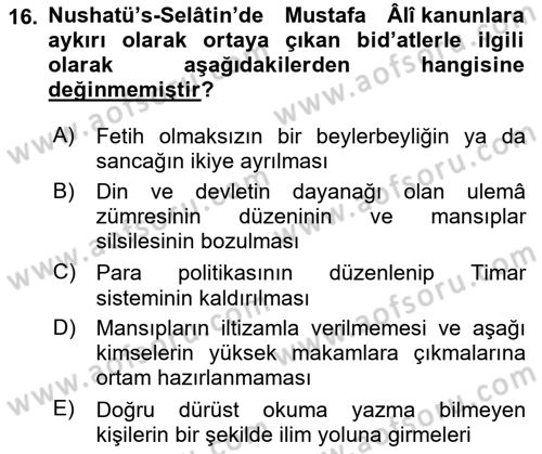 Osmanlı Merkez ve Taşra Teşkilatı Dersi 2023 - 2024 Yılı (Final) Dönem Sonu Sınav Soruları 16. Soru