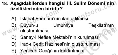 Osmanlı Merkez ve Taşra Teşkilatı Dersi 2023 - 2024 Yılı Yaz Okulu Sınav Soruları 18. Soru