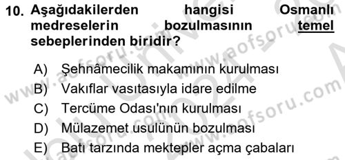 Osmanlı Merkez ve Taşra Teşkilatı Dersi 2024 - 2025 Yılı (Vize) Ara Sınav Soruları 10. Soru