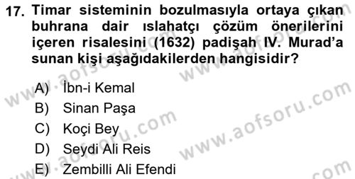 Osmanlı Merkez ve Taşra Teşkilatı Dersi 2024 - 2025 Yılı (Vize) Ara Sınav Soruları 17. Soru
