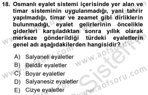 Osmanlı Merkez ve Taşra Teşkilatı Dersi Ara Sınavı Deneme Sınav Soruları 18. Soru