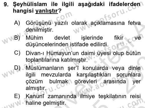Osmanlı Merkez ve Taşra Teşkilatı Dersi 2025 - 2026 Yılı (Vize) Ara Sınav Soruları 9. Soru