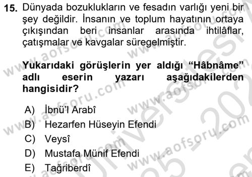 Osmanlı Merkez ve Taşra Teşkilatı Dersi 2025 - 2026 Yılı (Final) Dönem Sonu Sınav Soruları 15. Soru