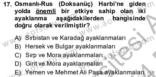 Osmanlı Tarihi (1789-1876) Dersi 2013 - 2014 Yılı (Final) Dönem Sonu Sınavı 17. Soru