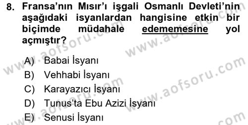 Osmanlı Tarihi (1789-1876) Dersi 2015 - 2016 Yılı (Vize) Ara Sınav Soruları 8. Soru