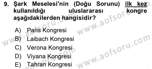 Osmanlı Tarihi (1789-1876) Dersi 2015 - 2016 Yılı (Final) Dönem Sonu Sınav Soruları 9. Soru