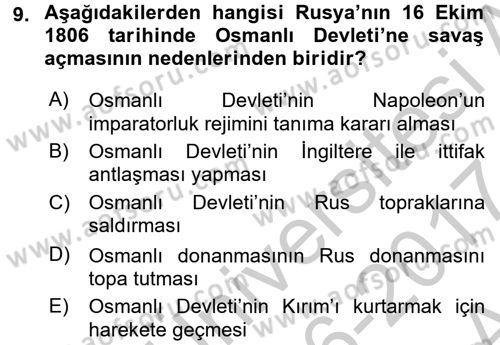 Osmanlı Tarihi (1789-1876) Dersi 2016 - 2017 Yılı (Vize) Ara Sınav Soruları 9. Soru