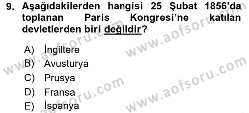 Osmanlı Tarihi (1789-1876) Dersi 2016 - 2017 Yılı (Final) Dönem Sonu Sınav Soruları 9. Soru