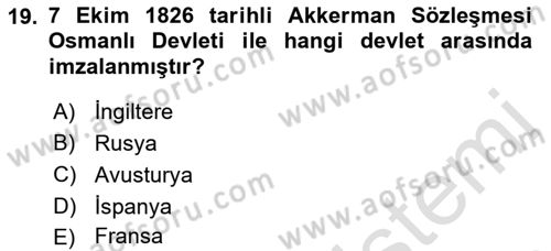 Osmanlı Tarihi (1789-1876) Dersi 2021 - 2022 Yılı (Vize) Ara Sınav Soruları 19. Soru