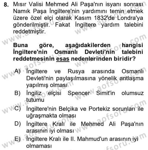 Osmanlı Tarihi (1789-1876) Dersi 2021 - 2022 Yılı (Final) Dönem Sonu Sınav Soruları 8. Soru