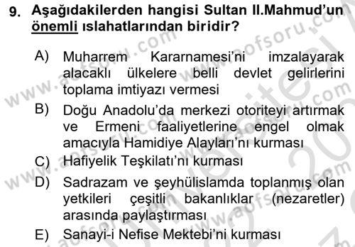 Osmanlı Tarihi (1789-1876) Dersi 2022 - 2023 Yılı Yaz Okulu Sınav Soruları 9. Soru