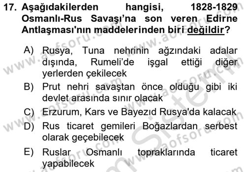 Osmanlı Tarihi (1789-1876) Dersi 2023 - 2024 Yılı (Vize) Ara Sınav Soruları 17. Soru