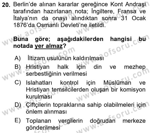 Osmanlı Tarihi (1789-1876) Dersi 2023 - 2024 Yılı (Final) Dönem Sonu Sınav Soruları 20. Soru