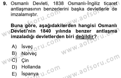Osmanlı Tarihi (1789-1876) Dersi 2023 - 2024 Yılı (Final) Dönem Sonu Sınav Soruları 9. Soru