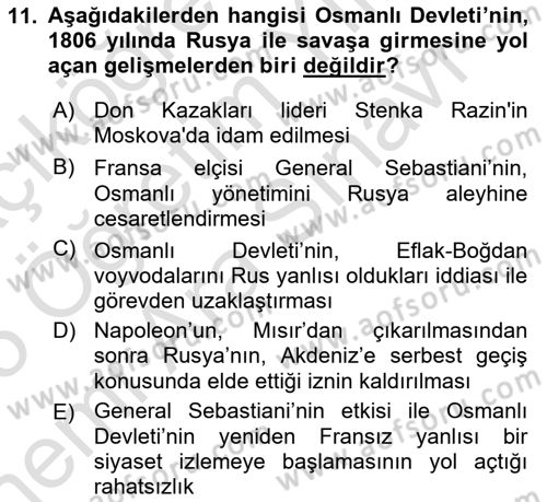 Osmanlı Tarihi (1789-1876) Dersi 2024 - 2025 Yılı (Vize) Ara Sınav Soruları 11. Soru