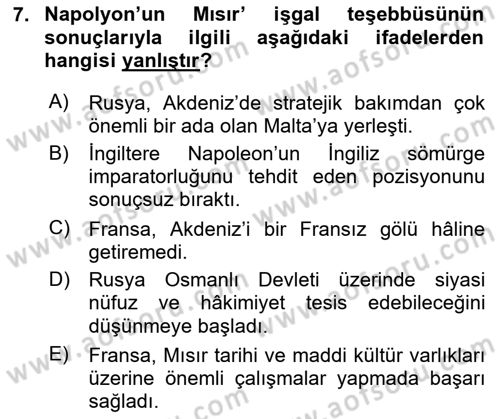 Osmanlı Tarihi (1789-1876) Dersi 2024 - 2025 Yılı (Vize) Ara Sınav Soruları 7. Soru