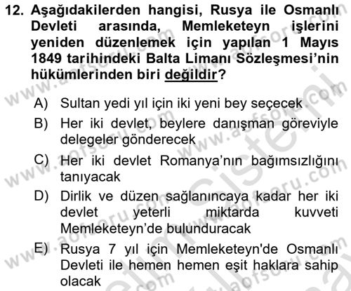 Osmanlı Tarihi (1789-1876) Dersi 2024 - 2025 Yılı (Final) Dönem Sonu Sınav Soruları 12. Soru