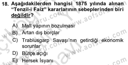 Osmanlı Tarihi (1789-1876) Dersi 2024 - 2025 Yılı Yaz Okulu Sınav Soruları 18. Soru