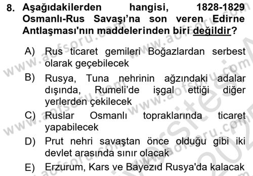 Osmanlı Tarihi (1789-1876) Dersi 2024 - 2025 Yılı Yaz Okulu Sınav Soruları 8. Soru