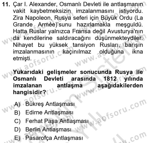 Osmanlı Tarihi (1789-1876) Dersi 2025 - 2026 Yılı (Vize) Ara Sınav Soruları 11. Soru