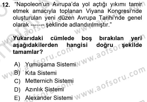 Osmanlı Tarihi (1789-1876) Dersi 2025 - 2026 Yılı (Vize) Ara Sınav Soruları 12. Soru