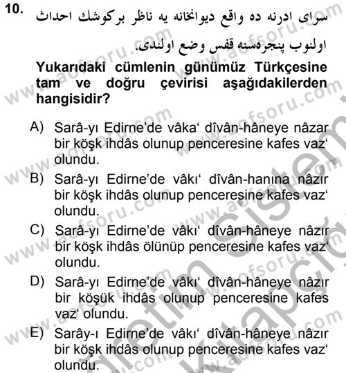 Osmanlı Türkçesi Metinleri 1 Dersi Ara Sınavı Deneme Sınav Soruları 10. Soru