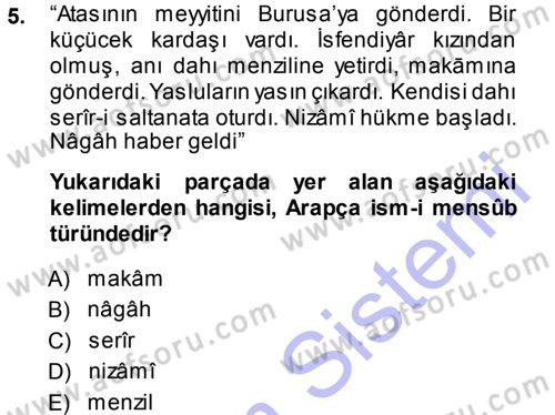Osmanlı Türkçesi Metinleri 1 Dersi Ara Sınavı Deneme Sınav Soruları 5. Soru