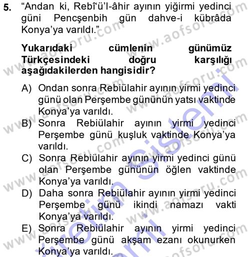 Osmanlı Türkçesi Metinleri 1 Dersi 2014 - 2015 Yılı (Vize) Ara Sınav Soruları 5. Soru