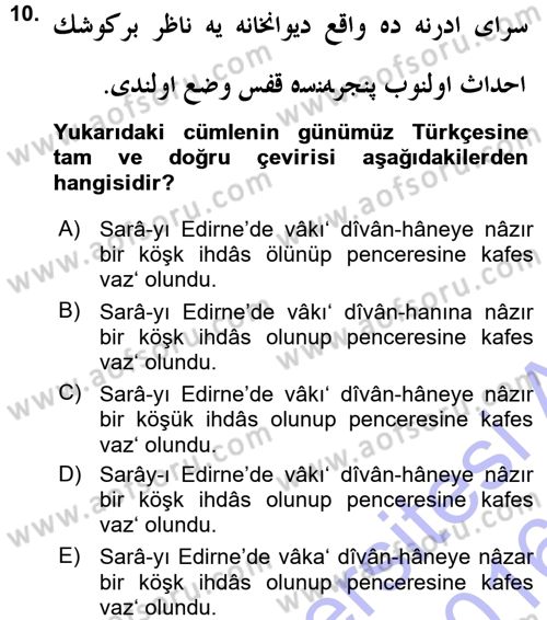 Osmanlı Türkçesi Metinleri 1 Dersi Ara Sınavı Deneme Sınav Soruları 10. Soru