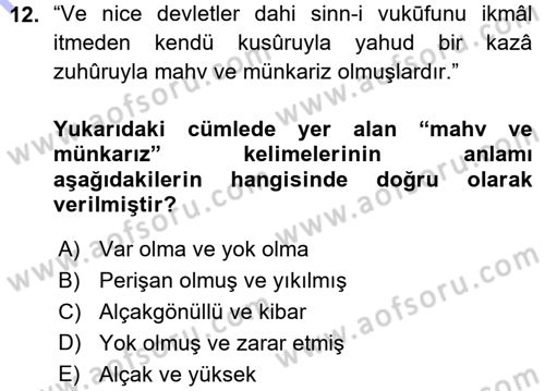 Osmanlı Türkçesi Metinleri 1 Dersi Ara Sınavı Deneme Sınav Soruları 12. Soru
