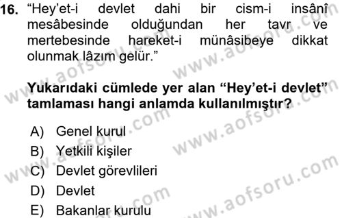 Osmanlı Türkçesi Metinleri 1 Dersi Ara Sınavı Deneme Sınav Soruları 16. Soru