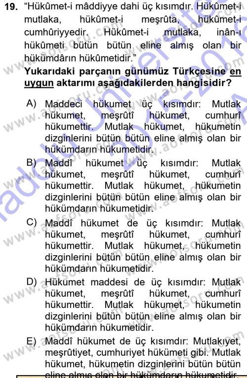 Osmanlı Türkçesi Metinleri 1 Dersi Ara Sınavı Deneme Sınav Soruları 19. Soru