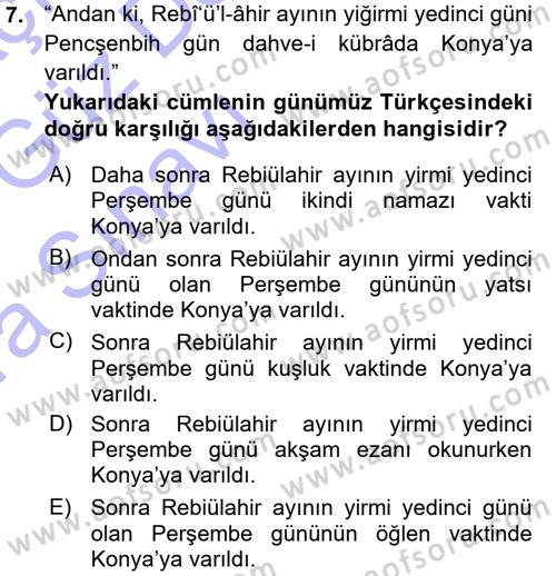 Osmanlı Türkçesi Metinleri 1 Dersi Ara Sınavı Deneme Sınav Soruları 7. Soru