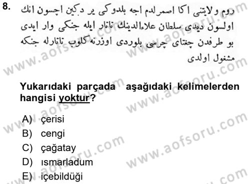 Osmanlı Türkçesi Metinleri 1 Dersi Ara Sınavı Deneme Sınav Soruları 8. Soru