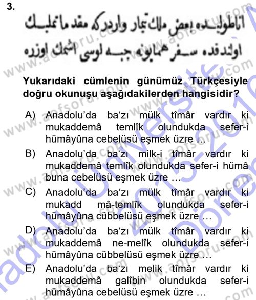 Osmanlı Türkçesi Metinleri 1 Dersi 2015 - 2016 Yılı (Final) Dönem Sonu Sınav Soruları 3. Soru