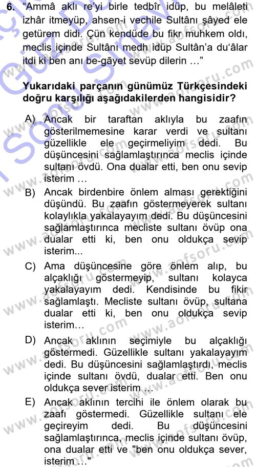 Osmanlı Türkçesi Metinleri 1 Dersi 2015 - 2016 Yılı (Final) Dönem Sonu Sınav Soruları 6. Soru