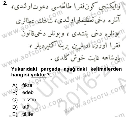Osmanlı Türkçesi Metinleri 1 Dersi 2016 - 2017 Yılı (Vize) Ara Sınav Soruları 2. Soru