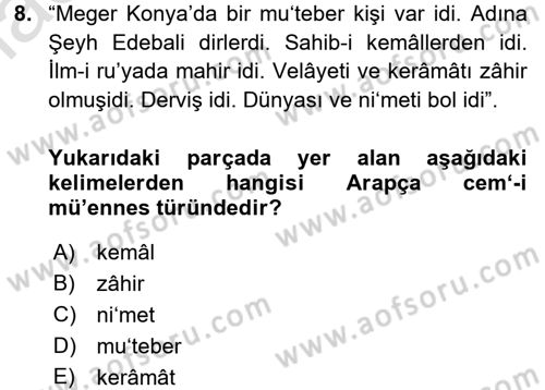 Osmanlı Türkçesi Metinleri 1 Dersi 2016 - 2017 Yılı (Vize) Ara Sınav Soruları 8. Soru