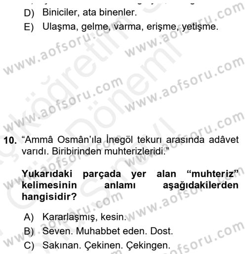 Osmanlı Türkçesi Metinleri 1 Dersi 2016 - 2017 Yılı (Final) Dönem Sonu Sınavı 10. Soru