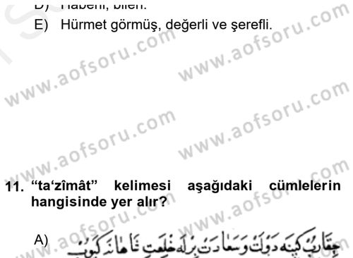 Osmanlı Türkçesi Metinleri 1 Dersi 2016 - 2017 Yılı (Final) Dönem Sonu Sınavı 11. Soru