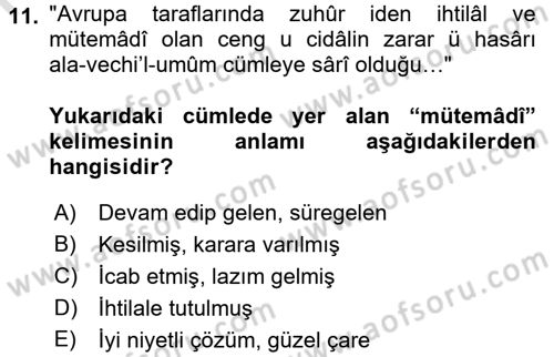 Osmanlı Türkçesi Metinleri 1 Dersi Ara Sınavı Deneme Sınav Soruları 11. Soru
