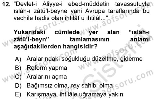 Osmanlı Türkçesi Metinleri 1 Dersi Ara Sınavı Deneme Sınav Soruları 12. Soru